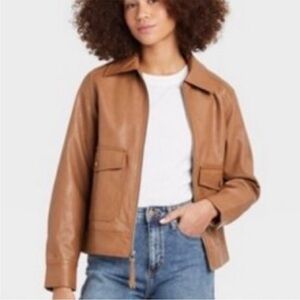 New-universal thread-XS-Brown-Faux leather full zip jacket. 2front flap pockets